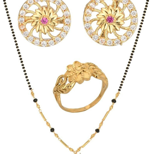 AanyaCentric Gold-plated Jewelry Combo: Elegant Short Mangalsutra, Finger Ring, and American Diamond Earrings Set - Distacart