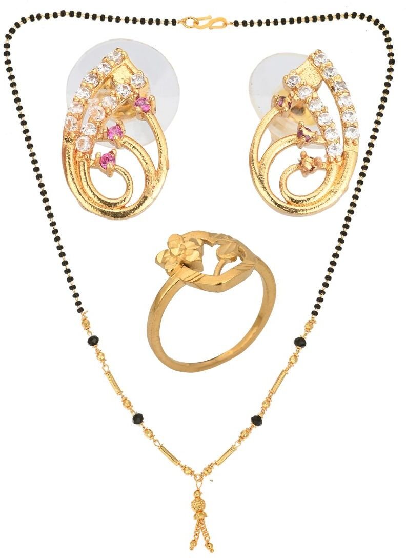 AanyaCentric Gold-plated Jewelry Combo: Elegant Short Mangalsutra, Finger Ring, and American Diamond Earrings Set - Distacart