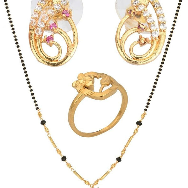 AanyaCentric Gold-plated Jewelry Combo: Elegant Short Mangalsutra, Finger Ring, and American Diamond Earrings Set - Distacart