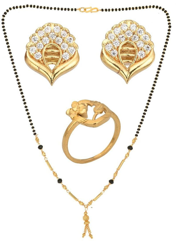 AanyaCentric Gold-plated Jewelry Combo: Elegant Short Mangalsutra, Finger Ring, and American Diamond Earrings Set - Distacart
