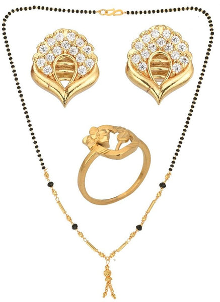 AanyaCentric Gold-plated Jewelry Combo: Elegant Short Mangalsutra, Finger Ring, and American Diamond Earrings Set - Distacart