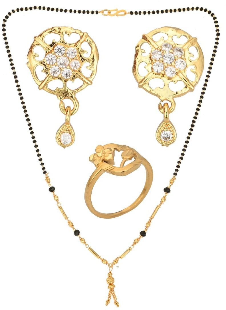 AanyaCentric Gold-plated Jewelry Combo: Elegant Short Mangalsutra, Finger Ring, and American Diamond Earrings Set - Distacart