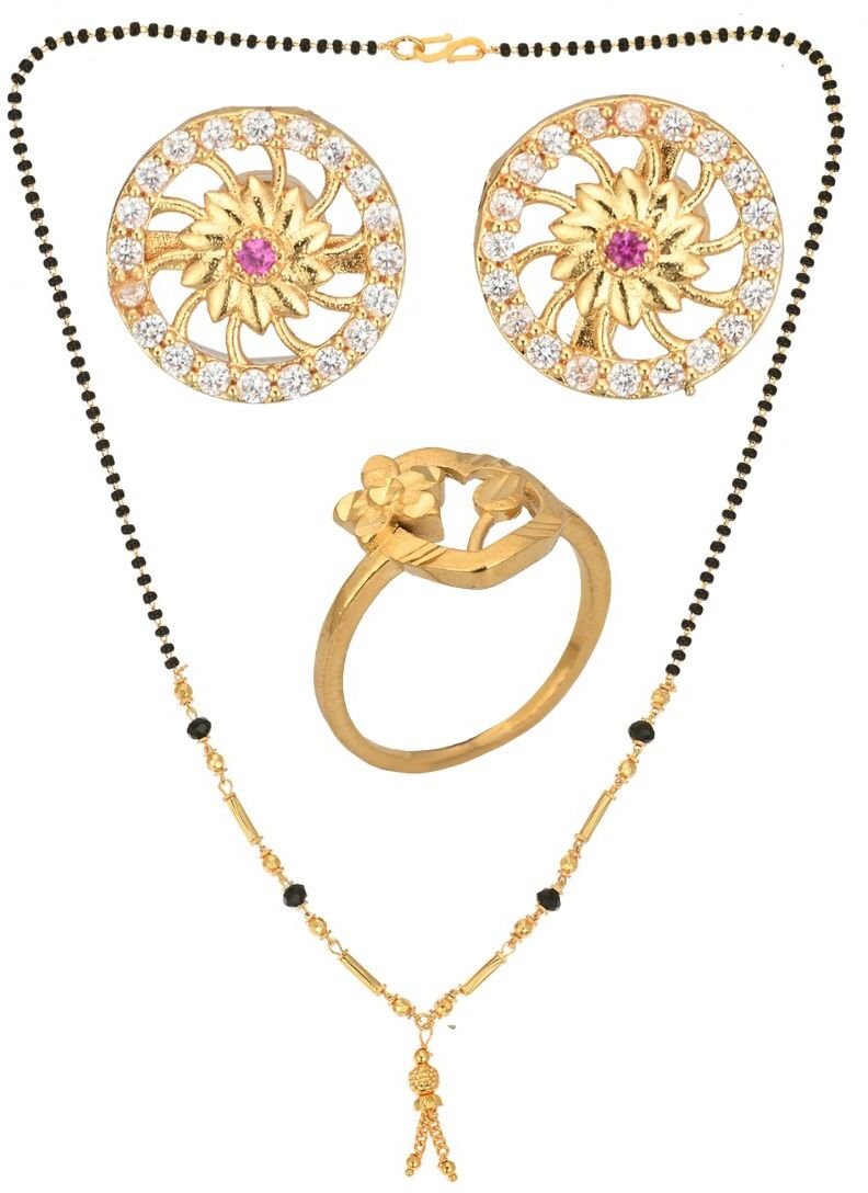AanyaCentric Gold-plated Jewelry Combo: Elegant Short Mangalsutra, Finger Ring, and American Diamond Earrings Set - Distacart