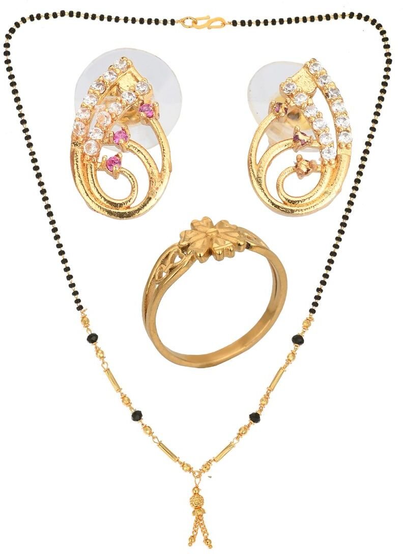 AanyaCentric Gold-plated Jewelry Combo: Elegant Short Mangalsutra, Finger Ring, and American Diamond Earrings Set - Distacart