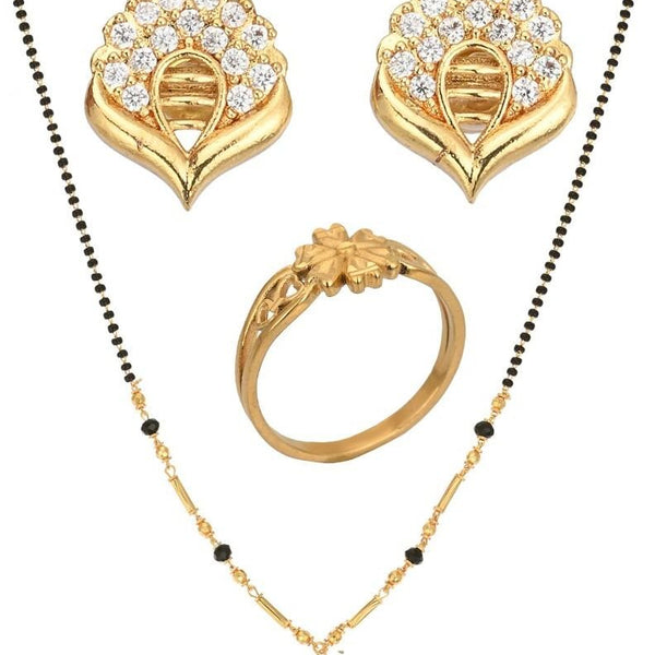 AanyaCentric Gold-plated Jewelry Combo: Elegant Short Mangalsutra, Finger Ring, and American Diamond Earrings Set - Distacart
