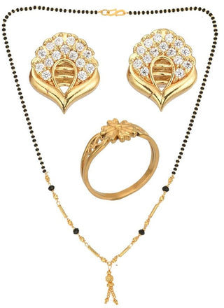 AanyaCentric Gold-plated Jewelry Combo: Elegant Short Mangalsutra, Finger Ring, and American Diamond Earrings Set - Distacart