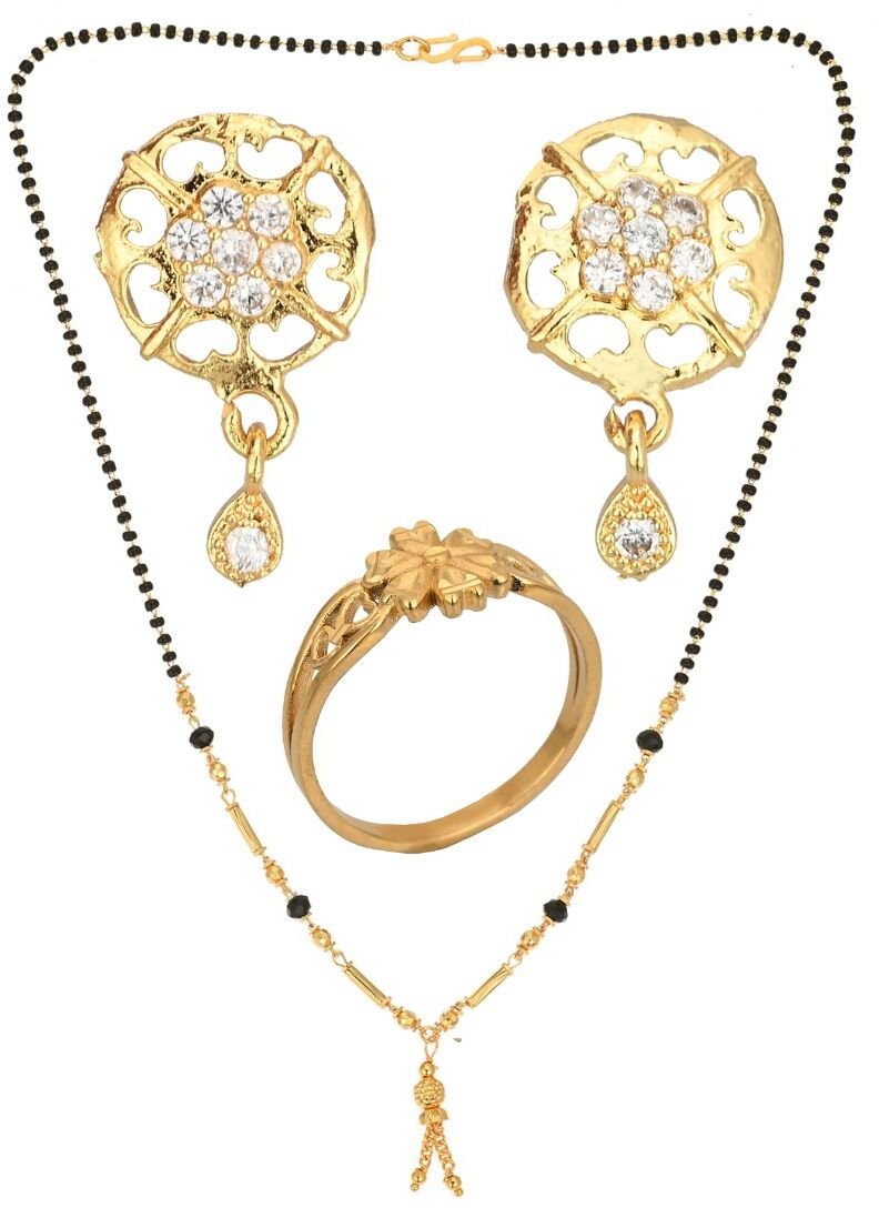 AanyaCentric Gold-plated Jewelry Combo: Elegant Short Mangalsutra, Finger Ring, and American Diamond Earrings Set - Distacart