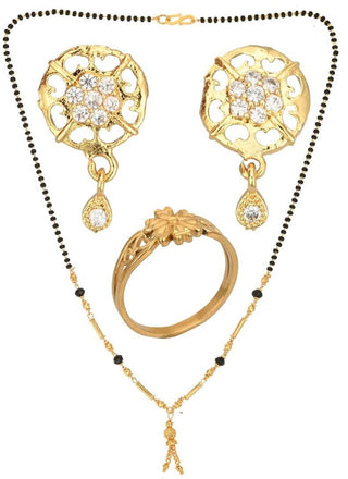 AanyaCentric Gold-plated Jewelry Combo: Elegant Short Mangalsutra, Finger Ring, and American Diamond Earrings Set - Distacart