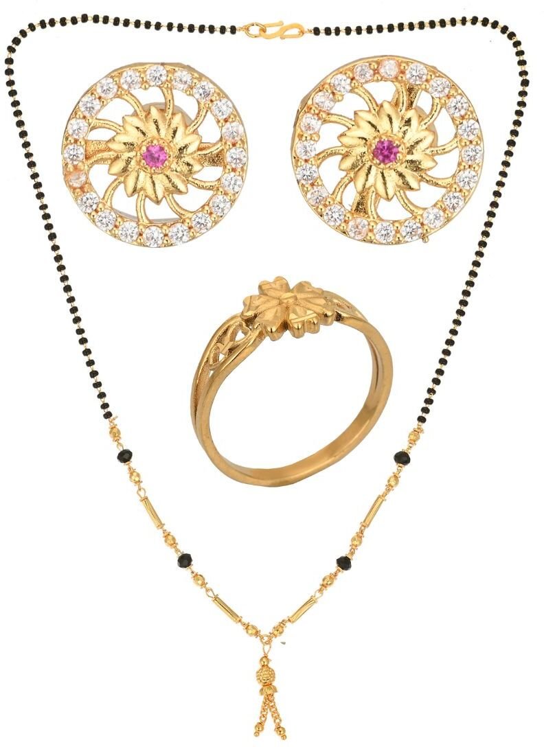 AanyaCentric Gold-plated Jewelry Combo: Elegant Short Mangalsutra, Finger Ring, and American Diamond Earrings Set - Distacart