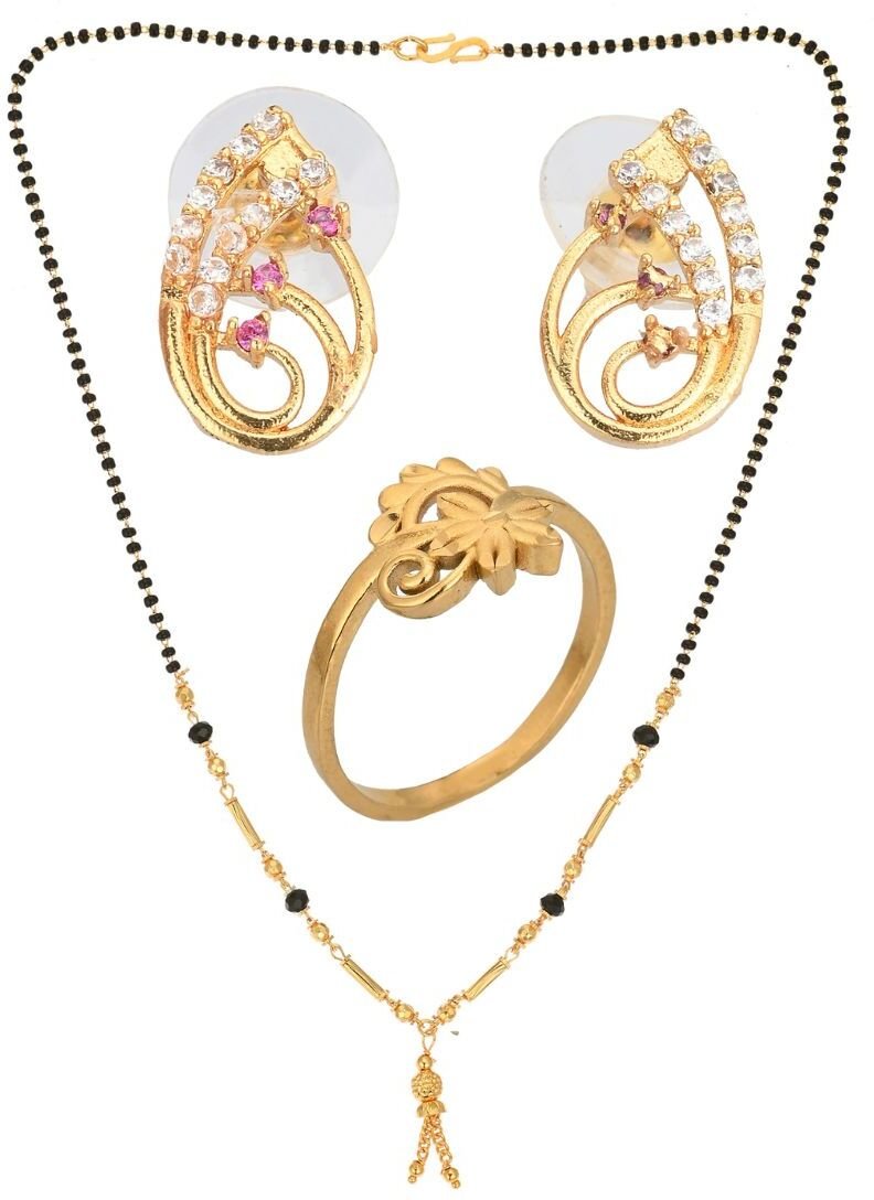 AanyaCentric Gold-plated Jewelry Combo: Elegant Short Mangalsutra, Finger Ring, and American Diamond Earrings Set - Distacart