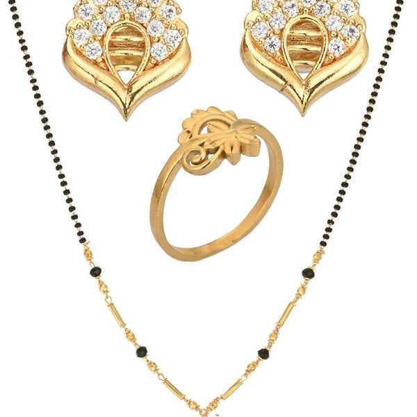 AanyaCentric Gold-plated Jewelry Combo: Elegant Short Mangalsutra, Finger Ring, and American Diamond Earrings Set - Distacart