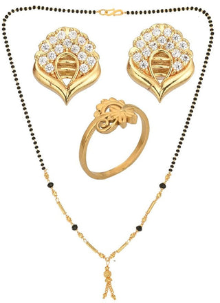AanyaCentric Gold-plated Jewelry Combo: Elegant Short Mangalsutra, Finger Ring, and American Diamond Earrings Set - Distacart