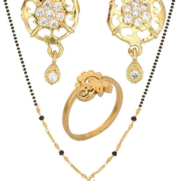 AanyaCentric Gold-plated Jewelry Combo: Elegant Short Mangalsutra, Finger Ring, and American Diamond Earrings Set - Distacart