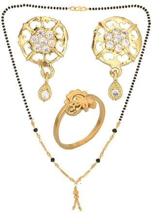 AanyaCentric Gold-plated Jewelry Combo: Elegant Short Mangalsutra, Finger Ring, and American Diamond Earrings Set - Distacart
