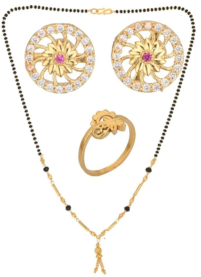 AanyaCentric Gold-plated Jewelry Combo: Elegant Short Mangalsutra, Finger Ring, and American Diamond Earrings Set - Distacart