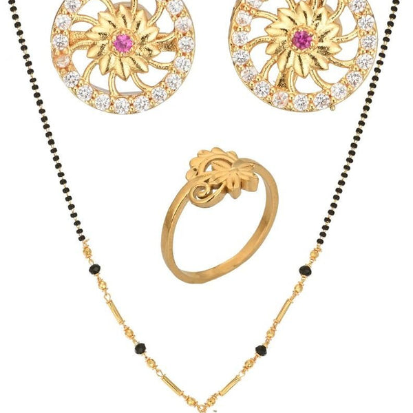AanyaCentric Gold-plated Jewelry Combo: Elegant Short Mangalsutra, Finger Ring, and American Diamond Earrings Set - Distacart