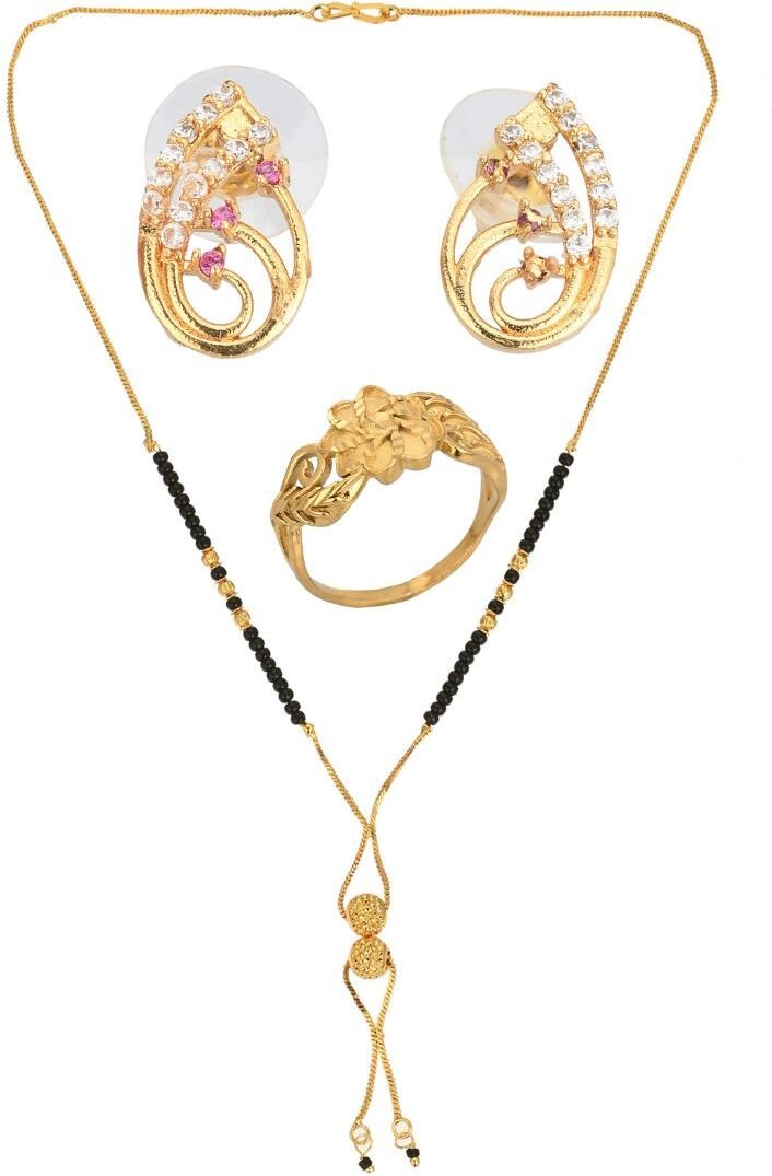 AanyaCentric Gold-plated Jewelry Combo: Elegant Short Mangalsutra, Finger Ring, and American Diamond Earrings Set - Distacart