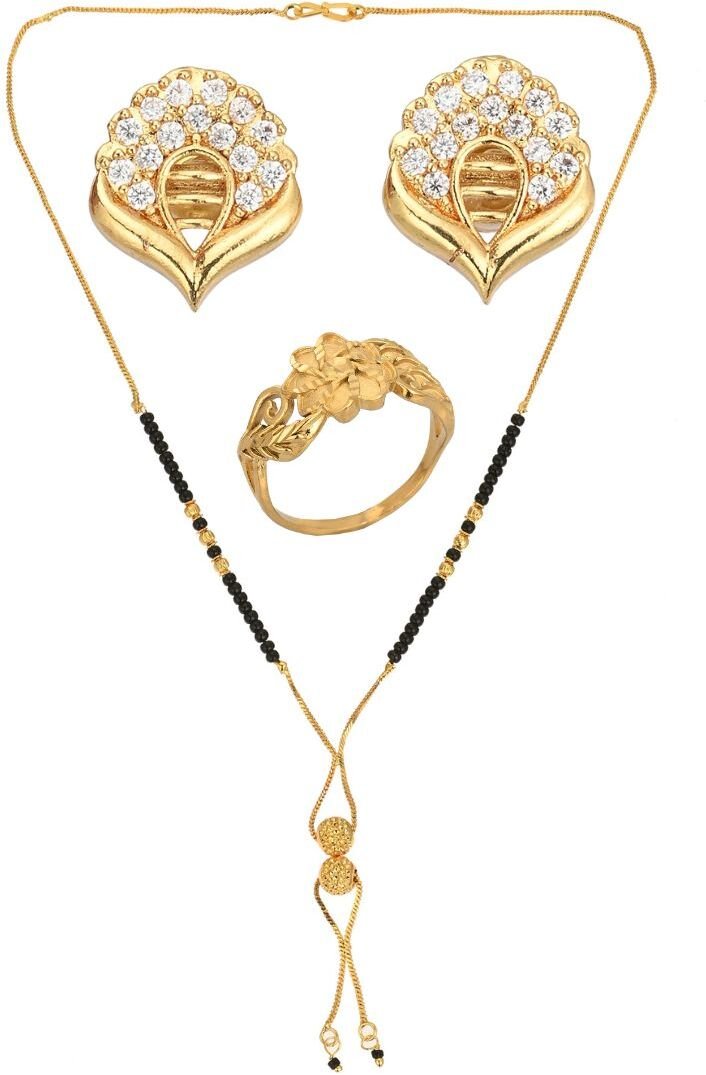 AanyaCentric Gold-plated Jewelry Combo: Elegant Short Mangalsutra, Finger Ring, and American Diamond Earrings Set - Distacart