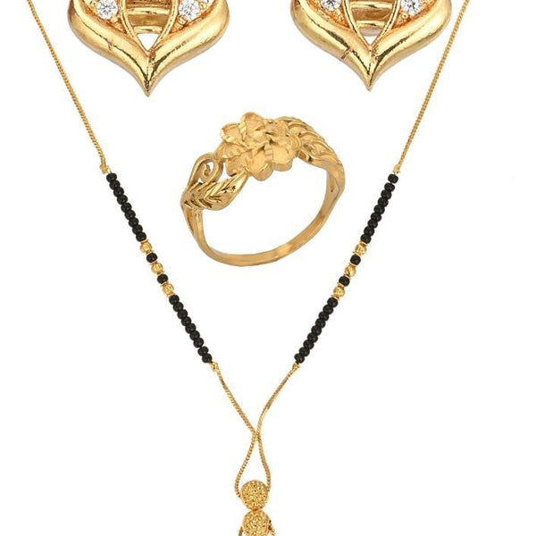 AanyaCentric Gold-plated Jewelry Combo: Elegant Short Mangalsutra, Finger Ring, and American Diamond Earrings Set - Distacart