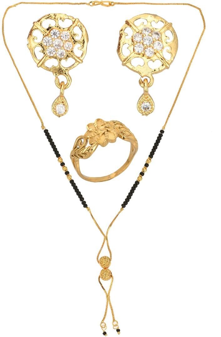 AanyaCentric Gold-plated Jewelry Combo: Elegant Short Mangalsutra, Finger Ring, and American Diamond Earrings Set - Distacart
