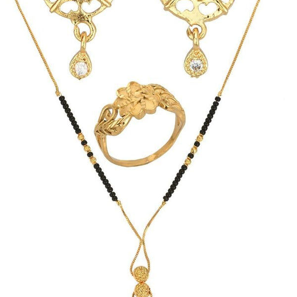 AanyaCentric Gold-plated Jewelry Combo: Elegant Short Mangalsutra, Finger Ring, and American Diamond Earrings Set - Distacart