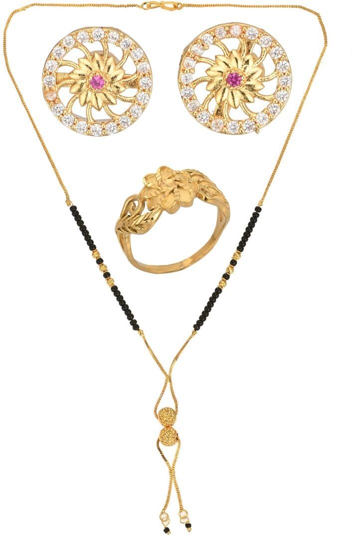 AanyaCentric Gold-plated Jewelry Combo: Elegant Short Mangalsutra, Finger Ring, and American Diamond Earrings Set - Distacart