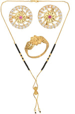 Thumbnail for AanyaCentric Gold-plated Jewelry Combo: Elegant Short Mangalsutra, Finger Ring, and American Diamond Earrings Set - Distacart