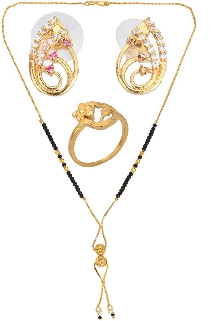 AanyaCentric Gold-plated Jewelry Combo: Elegant Short Mangalsutra, Finger Ring, and American Diamond Earrings Set - Distacart