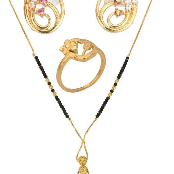 AanyaCentric Gold-plated Jewelry Combo: Elegant Short Mangalsutra, Finger Ring, and American Diamond Earrings Set - Distacart