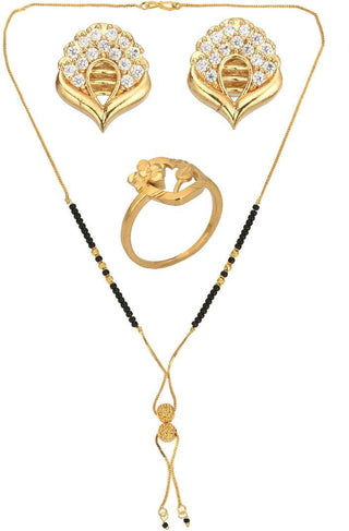 AanyaCentric Gold-plated Jewelry Combo: Elegant Short Mangalsutra, Finger Ring, and American Diamond Earrings Set - Distacart