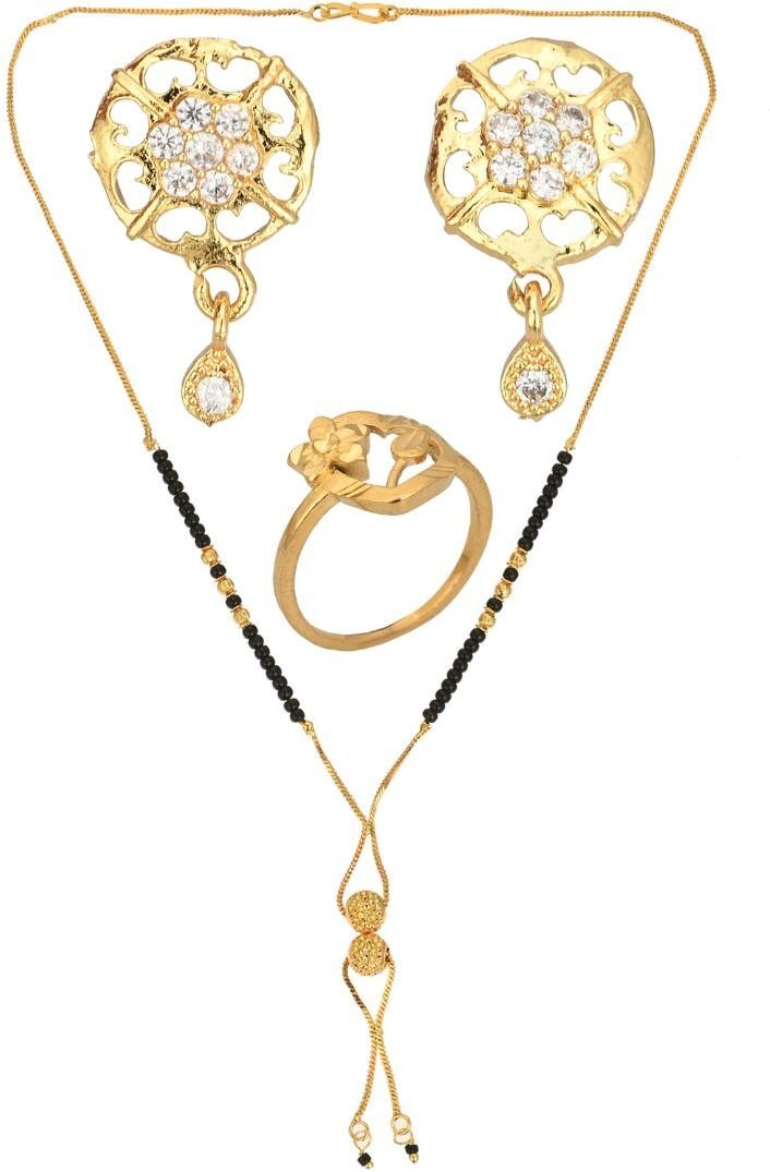 AanyaCentric Gold-plated Jewelry Combo: Elegant Short Mangalsutra, Finger Ring, and American Diamond Earrings Set - Distacart