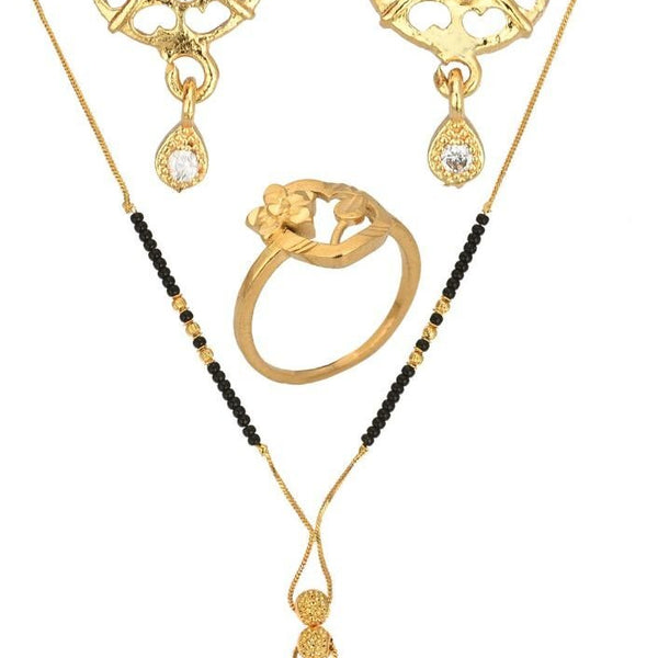 AanyaCentric Gold-plated Jewelry Combo: Elegant Short Mangalsutra, Finger Ring, and American Diamond Earrings Set - Distacart