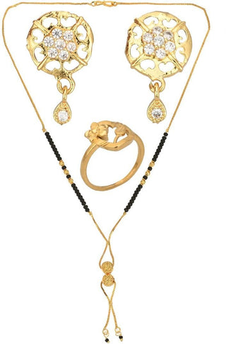 AanyaCentric Gold-plated Jewelry Combo: Elegant Short Mangalsutra, Finger Ring, and American Diamond Earrings Set - Distacart