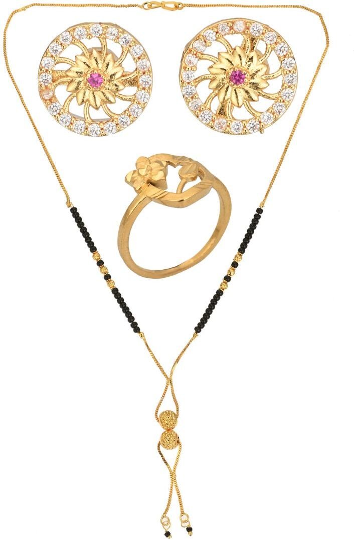 AanyaCentric Gold-plated Jewelry Combo: Elegant Short Mangalsutra, Finger Ring, and American Diamond Earrings Set - Distacart