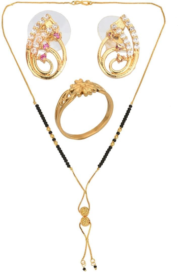 AanyaCentric Gold-plated Jewelry Combo: Elegant Short Mangalsutra, Finger Ring, and American Diamond Earrings Set - Distacart