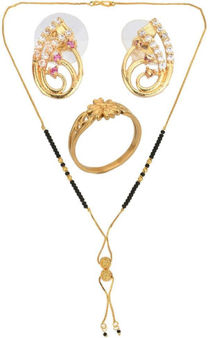 AanyaCentric Gold-plated Jewelry Combo: Elegant Short Mangalsutra, Finger Ring, and American Diamond Earrings Set - Distacart