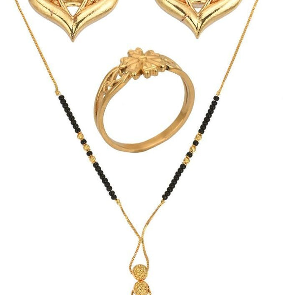 AanyaCentric Gold-plated Jewelry Combo: Elegant Short Mangalsutra, Finger Ring, and American Diamond Earrings Set - Distacart