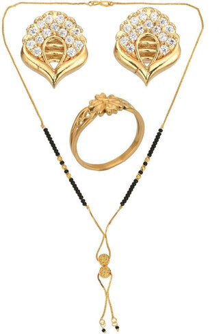 AanyaCentric Gold-plated Jewelry Combo: Elegant Short Mangalsutra, Finger Ring, and American Diamond Earrings Set - Distacart