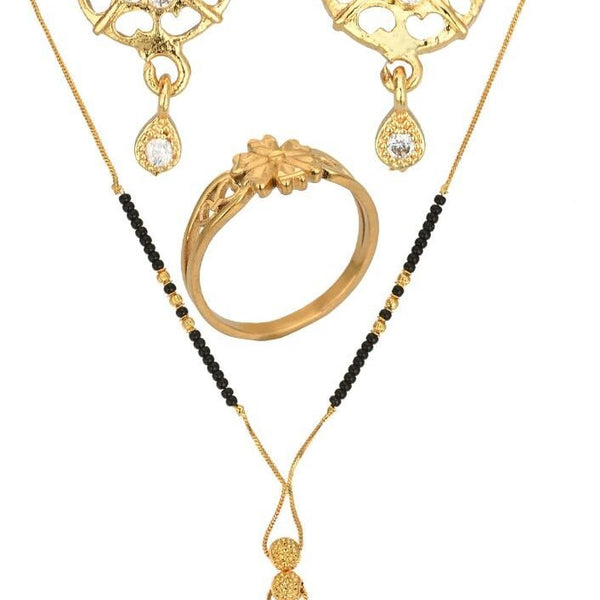 AanyaCentric Gold-plated Jewelry Combo: Elegant Short Mangalsutra, Finger Ring, and American Diamond Earrings Set - Distacart