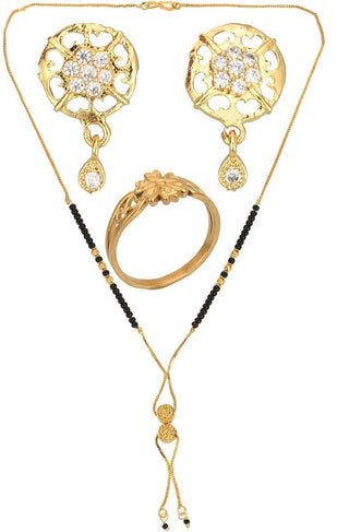 AanyaCentric Gold-plated Jewelry Combo: Elegant Short Mangalsutra, Finger Ring, and American Diamond Earrings Set - Distacart