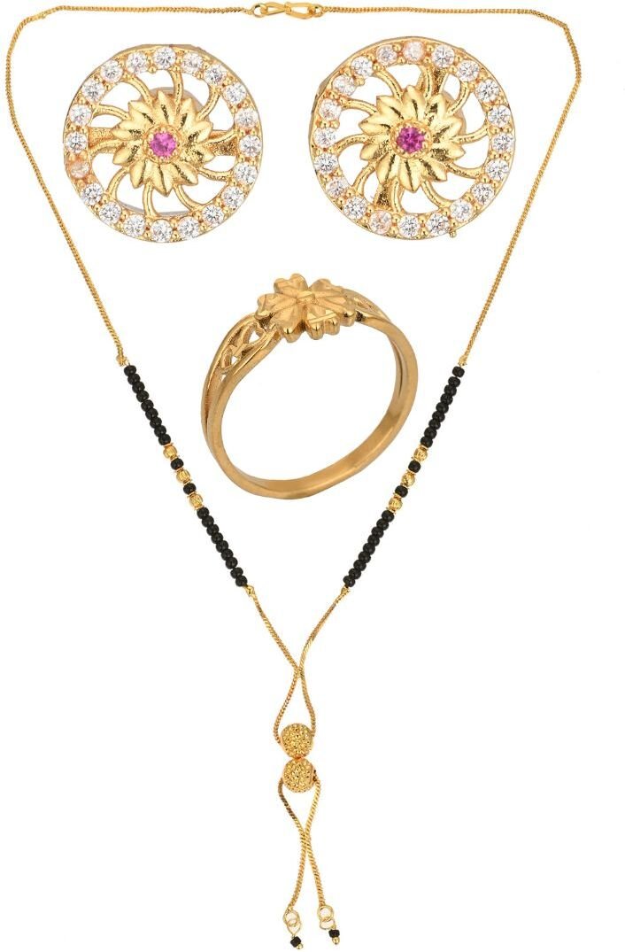 AanyaCentric Gold-plated Jewelry Combo: Elegant Short Mangalsutra, Finger Ring, and American Diamond Earrings Set - Distacart