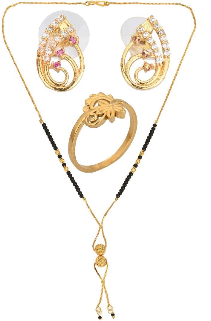 AanyaCentric Gold-plated Jewelry Combo: Elegant Short Mangalsutra, Finger Ring, and American Diamond Earrings Set - Distacart