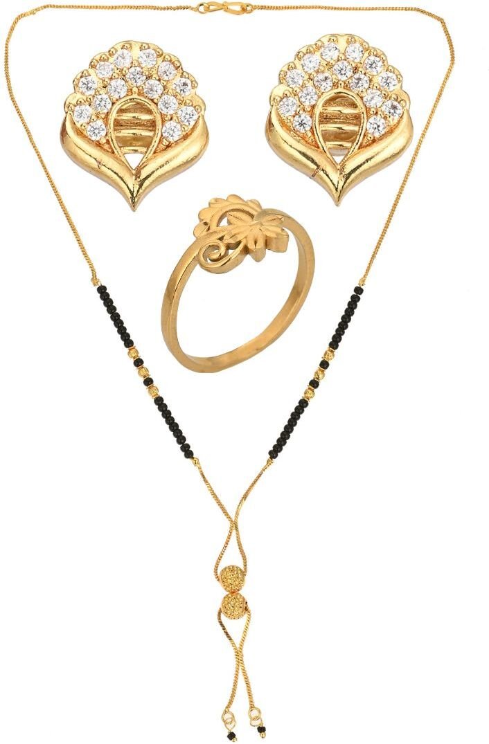 AanyaCentric Gold-plated Jewelry Combo: Elegant Short Mangalsutra, Finger Ring, and American Diamond Earrings Set - Distacart