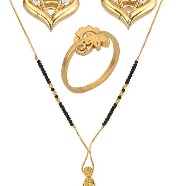 AanyaCentric Gold-plated Jewelry Combo: Elegant Short Mangalsutra, Finger Ring, and American Diamond Earrings Set - Distacart