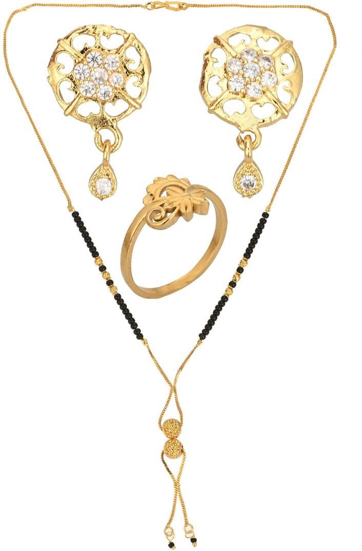 AanyaCentric Gold-plated Jewelry Combo: Elegant Short Mangalsutra, Finger Ring, and American Diamond Earrings Set - Distacart