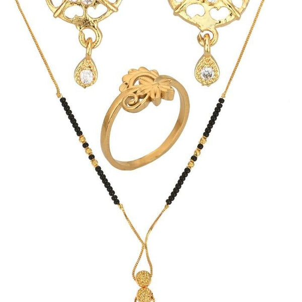 AanyaCentric Gold-plated Jewelry Combo: Elegant Short Mangalsutra, Finger Ring, and American Diamond Earrings Set - Distacart