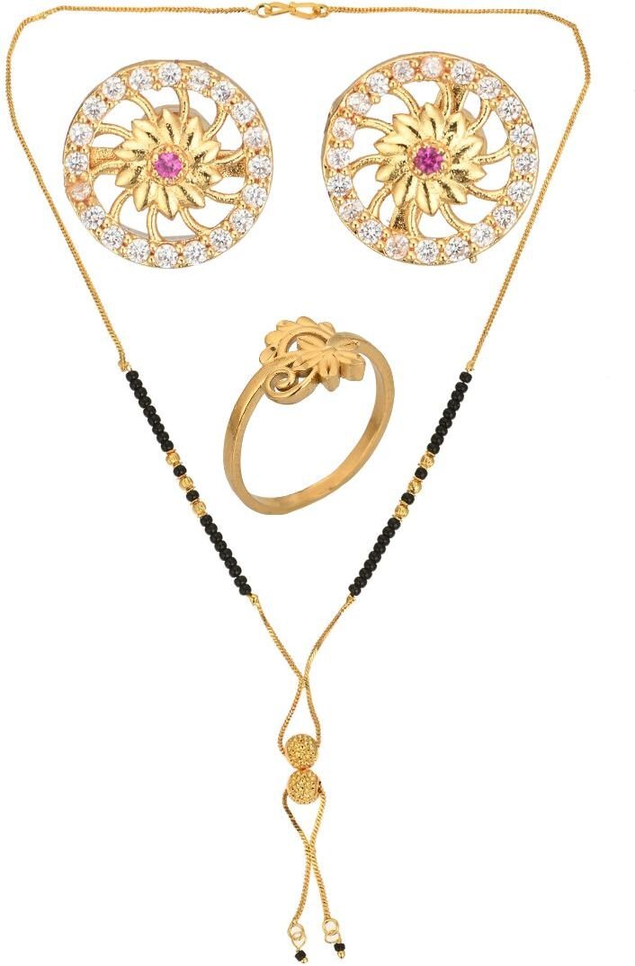 AanyaCentric Gold-plated Jewelry Combo: Elegant Short Mangalsutra, Finger Ring, and American Diamond Earrings Set - Distacart