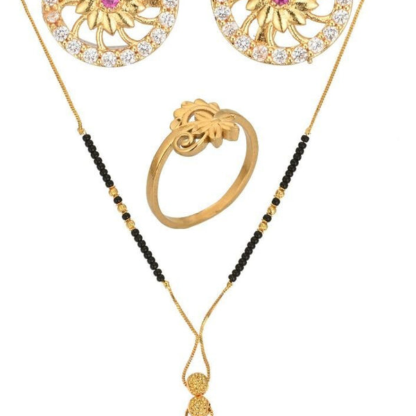 AanyaCentric Gold-plated Jewelry Combo: Elegant Short Mangalsutra, Finger Ring, and American Diamond Earrings Set - Distacart