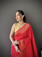 Thumbnail for Joban Fashion Red Jacquard Butti Soft Lichi Silk Paithani Saree - Distacart