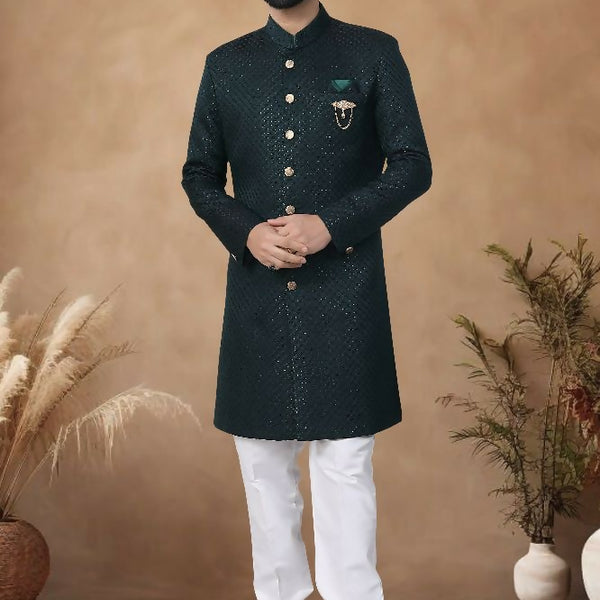 Joban Fashion Men's Green Straight Silk Thread & Sequence Embroidery All Over Indo-Western Kurta Set - Distacart